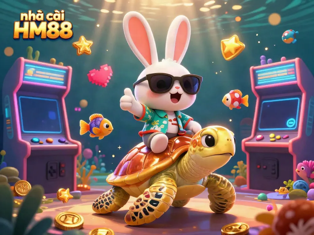 Play vibrant games at nhà cái HM88 with a lucky rabbit and golden turtle in a vivid casino world.