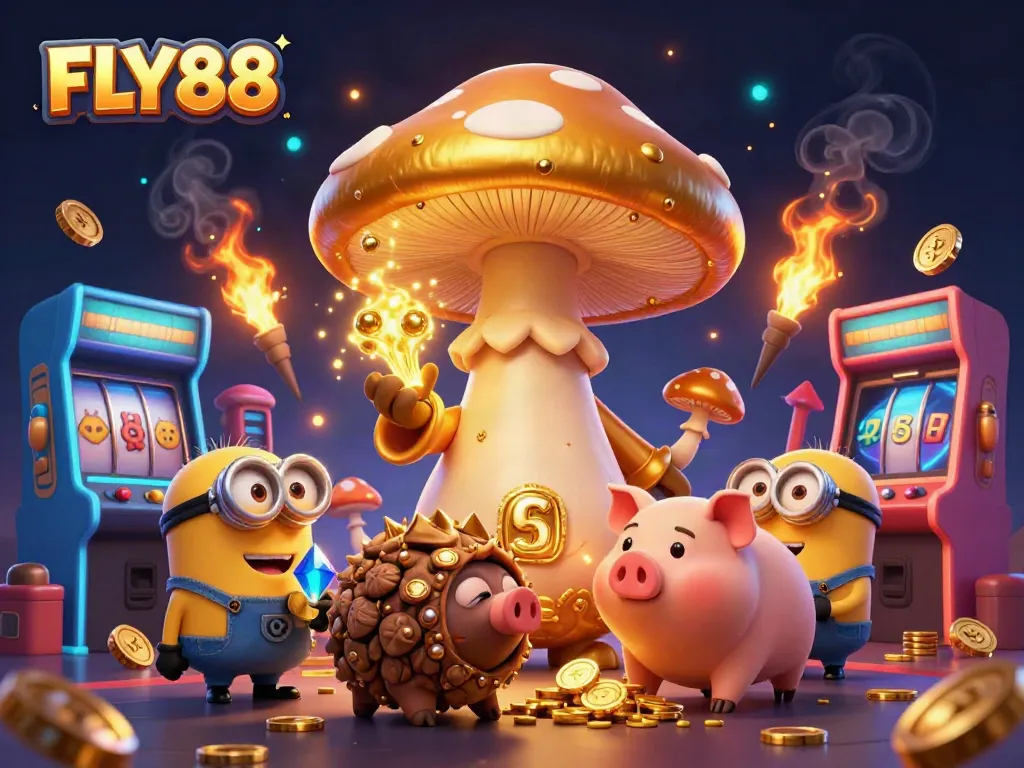 FLY88 enhances the gaming thrill with a golden wizard and treasure-hunting pig in a colorful casino scene.