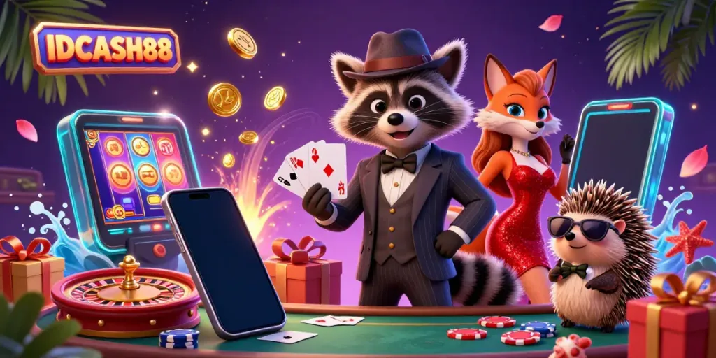 Experience the thrill of IDCASH88 with a cartoon raccoon and friends in a vibrant casino scene.