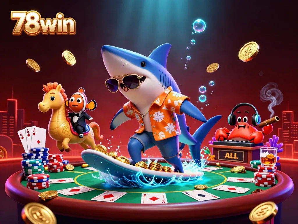 Engage with 78win through a colorful underwater casino scene featuring characters and poker elements.