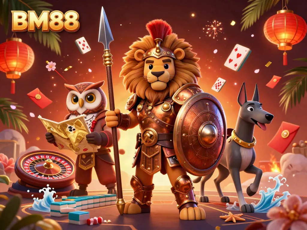Experience thrilling BM88 live casino action with vibrant characters amidst roulette and baccarat elements.