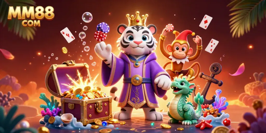 Play and win at MM88 COM with vibrant casino characters and casino elements in a magical underwater scene.