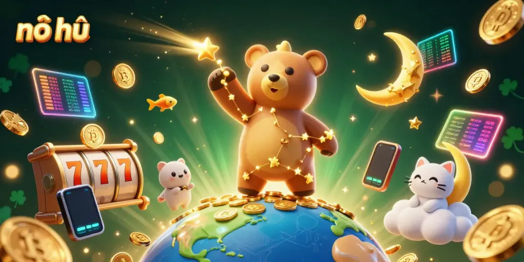 Experience nổ hũ with a magical bear reaching for jackpots among vibrant colors and crypto elements.