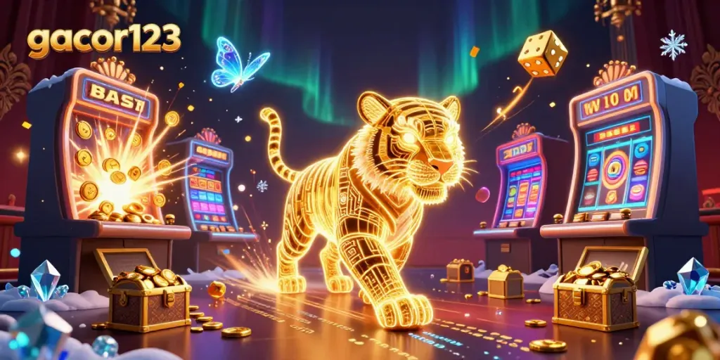 Experience gacor123 with a vibrant casino scene showcasing a neon tiger, slot machines, and dynamic game elements.
