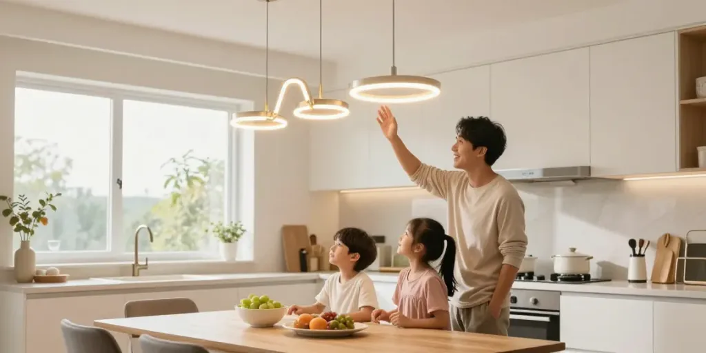 Lustre LED moderne într-o bucătărie primitoare, transformând atmosfera căminului.