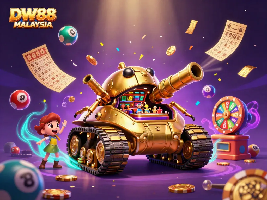 Experience the thrill of DW88 MALAYSIA in a vibrant 3D casino scene filled with excitement and luck.