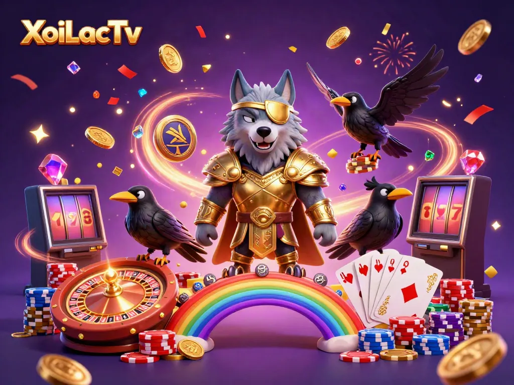 XoiLacTv's lively visual with Odin wolf and ravens amidst casino elements.
