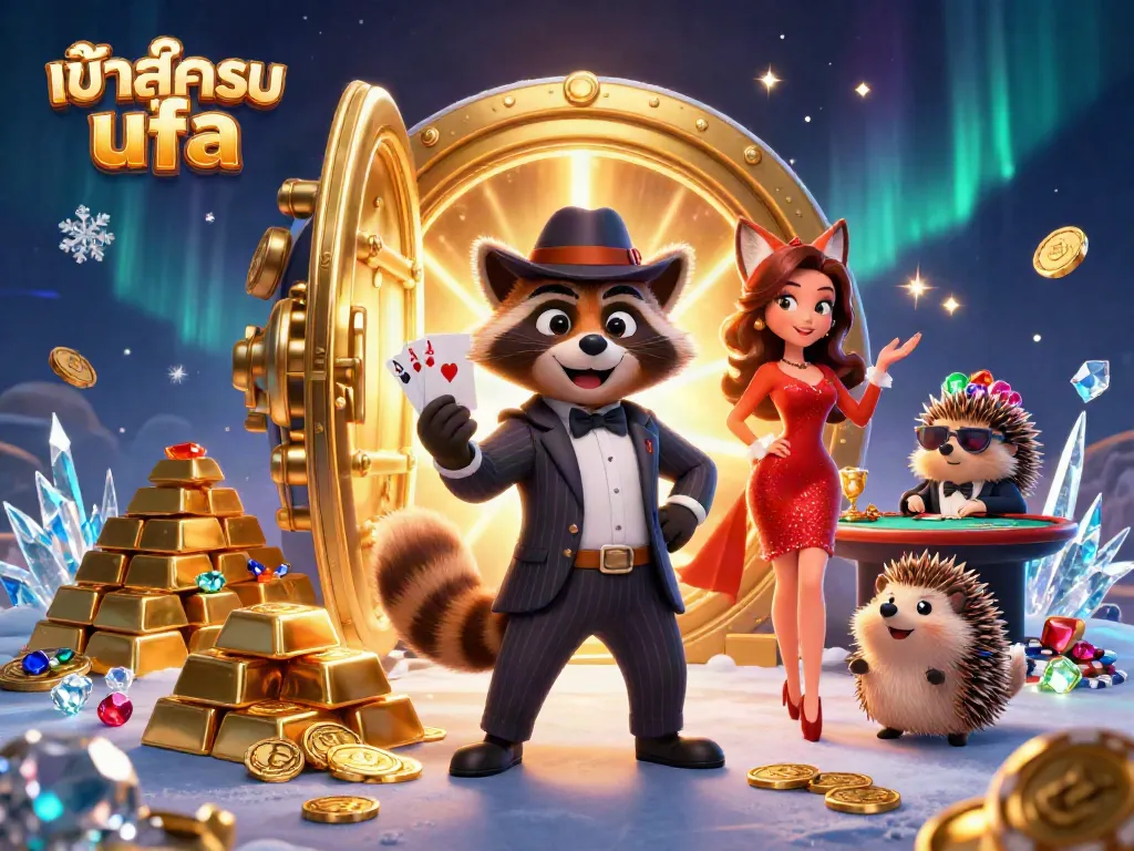 Engage in thrilling poker with the 3D cartoon raccoon character and companions at the casino, showcasing "เข้าสู่ระบบ ufa".