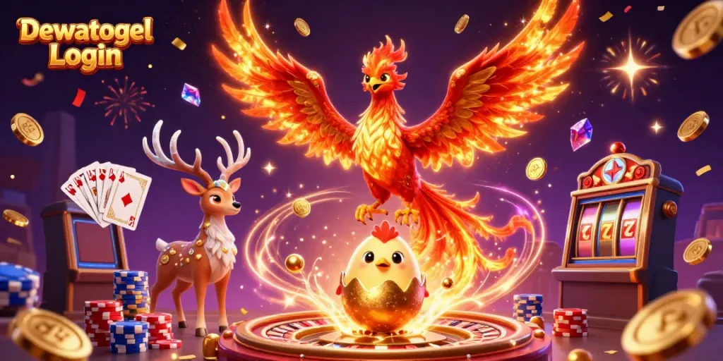 View the dazzling scene with Dewatogel Login featuring mythical characters and vibrant casino elements.
