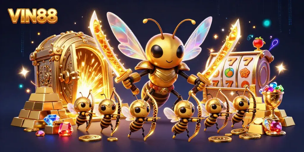Experience the excitement of VIN88 with a captivating casino scene full of treasures and vibrant characters.