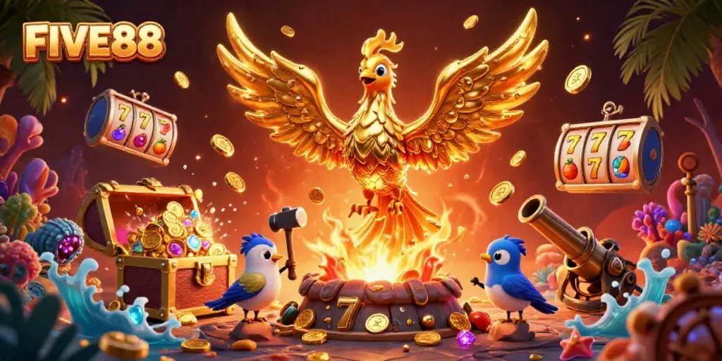 Engage with the dynamic world of FIVE88, where molten gold and slot machine excitement collide.
