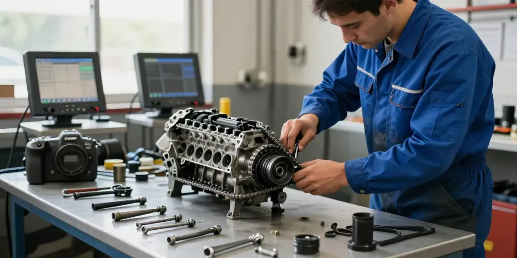 bmw steuerkette wechseln during engine maintenance with mechanic and tools