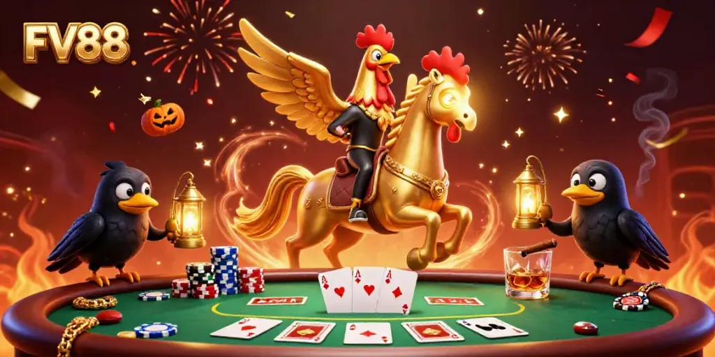 Experience thrilling moments with FV88 in a vibrant casino scene featuring a golden rooster and poker elements.