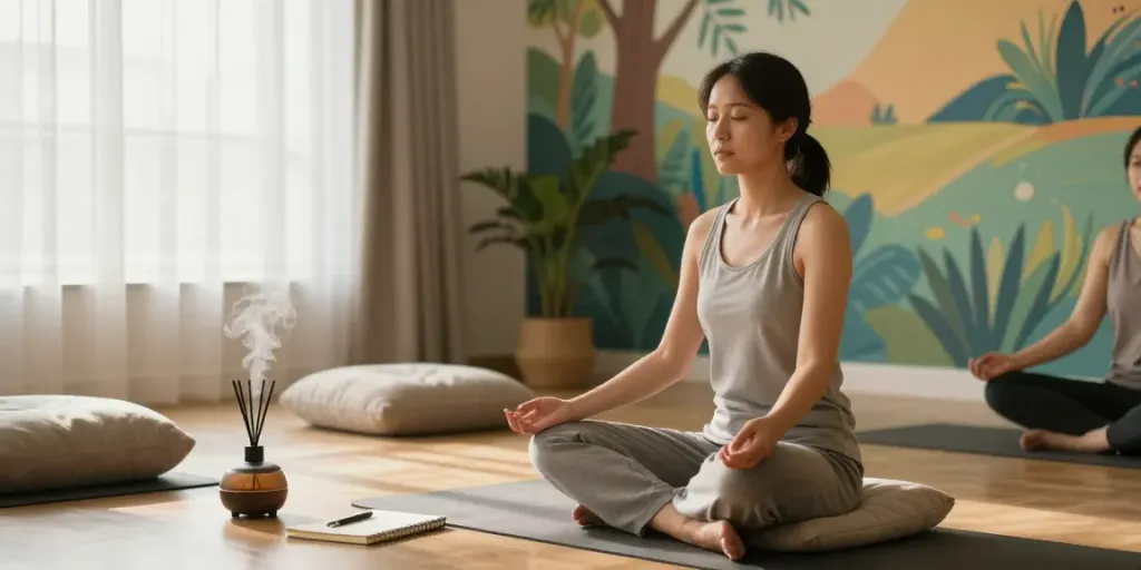 Woman engaging in meditation with sexual wellness coach Riga in a serene studio setting.