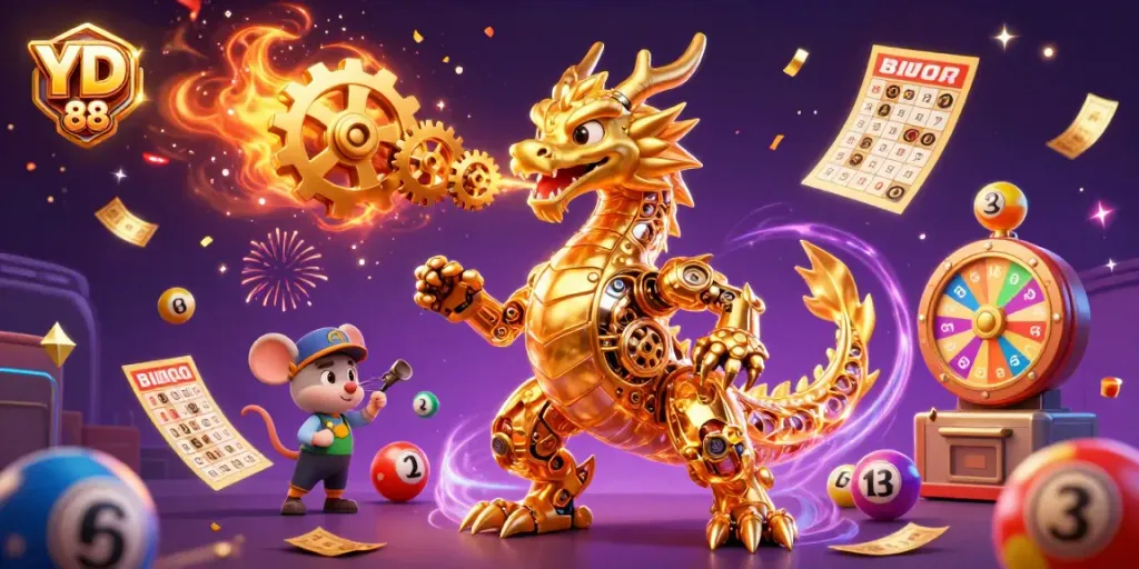 Engage with thrilling YD 88 gaming elements featuring a dynamic scene of a golden dragon and lottery balls.