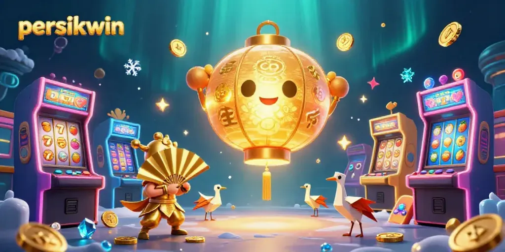 Permainan kasino persikwin penuh energi dengan lampion emas dan mesin slot keberuntungan