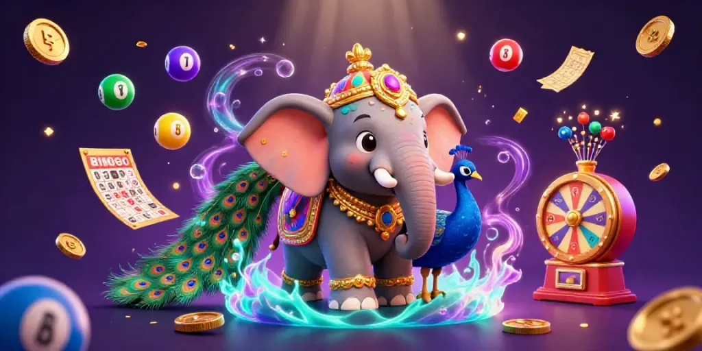 Experience FIVE88's vibrant energy with golden decorations and dynamic lottery elements in this 3D casino illustration.
