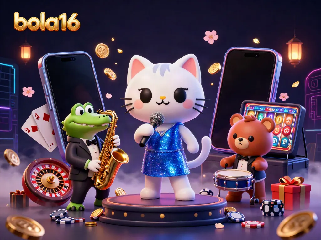 Experience the excitement of bola16 with a vibrant 3D casino scene featuring lively characters and slot games.