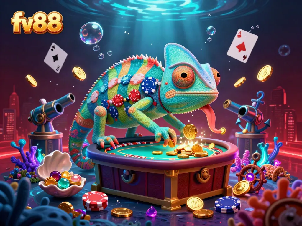 Experience thrilling gambling with fv88's vibrant chameleon casino owner amidst gold and gems!