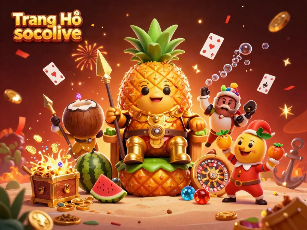 Join the fun at Trang Chủ socolive with a vibrant 3D scene filled with casino characters and festive elements.