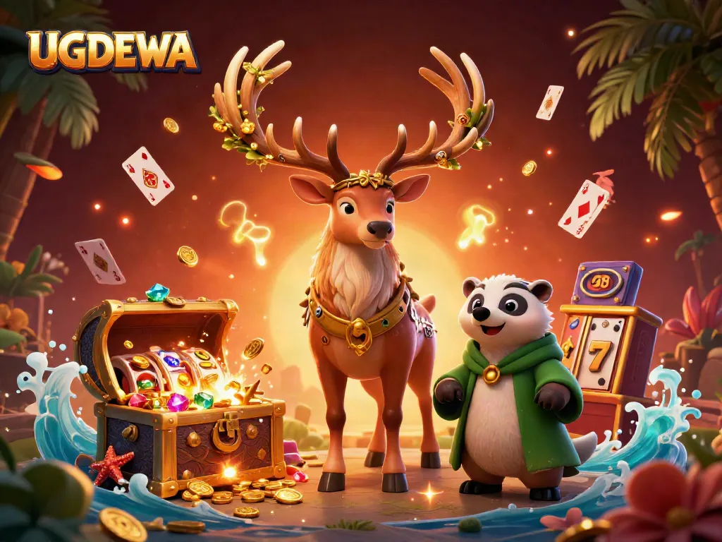 Engage in the excitement of UGDEWA with a dynamic casino scene featuring treasure and vibrant gaming elements.