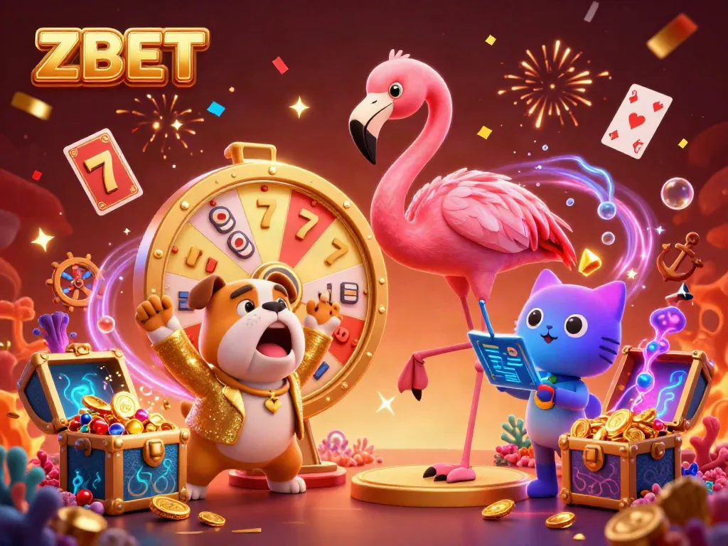 ZBET showcases an exciting game show hosted by a flamingo with a prize wheel, surrounded by vibrant casino imagery.