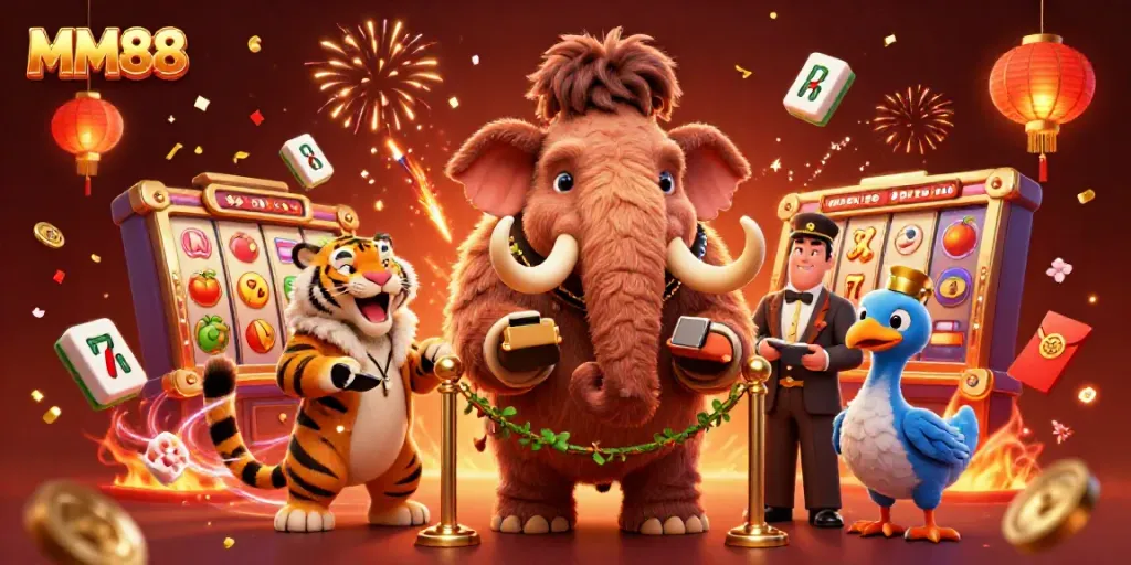 Engage with MM88 as a woolly mammoth bouncer welcomes VIPs in a vibrant casino environment.