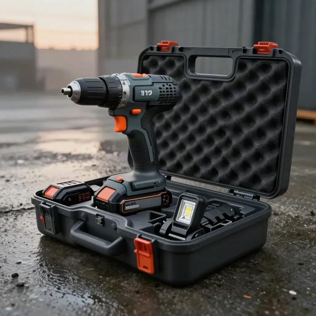 Open brushless drill combo kit on wet concrete at dawn, mist, orange accents, dramatic hero shot