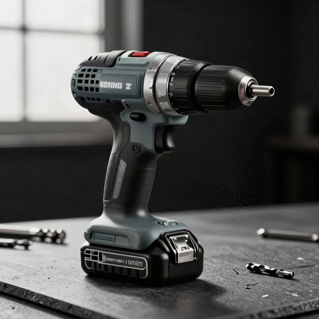 Floating macro of a 20V brushless drill kit with batteries, bits, and drifting metal shavings.