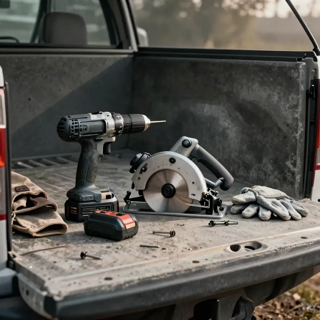 Open jobsite tools on a pickup tailgate at dawn: drill, saw, battery, charger, gloves.
