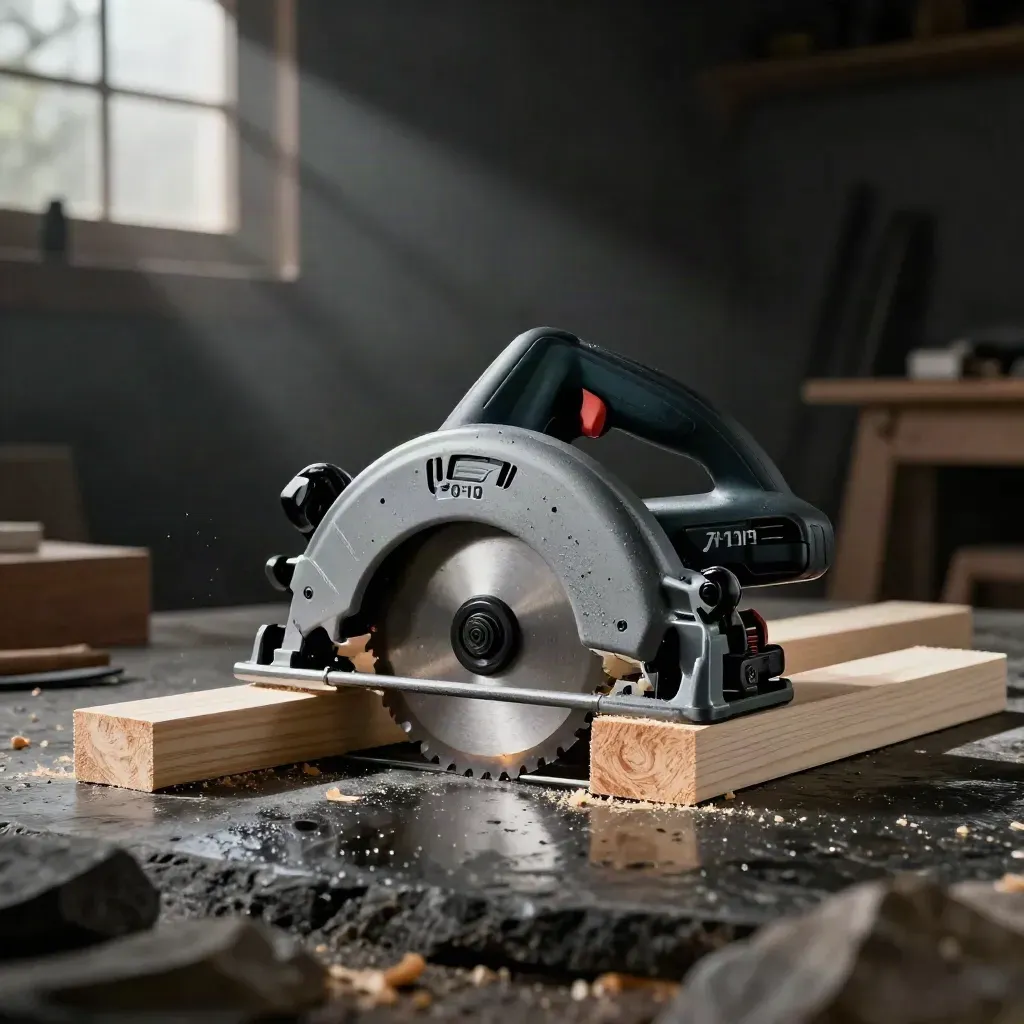 Damp cordless circular saw on wet stone with pine offcuts and mist