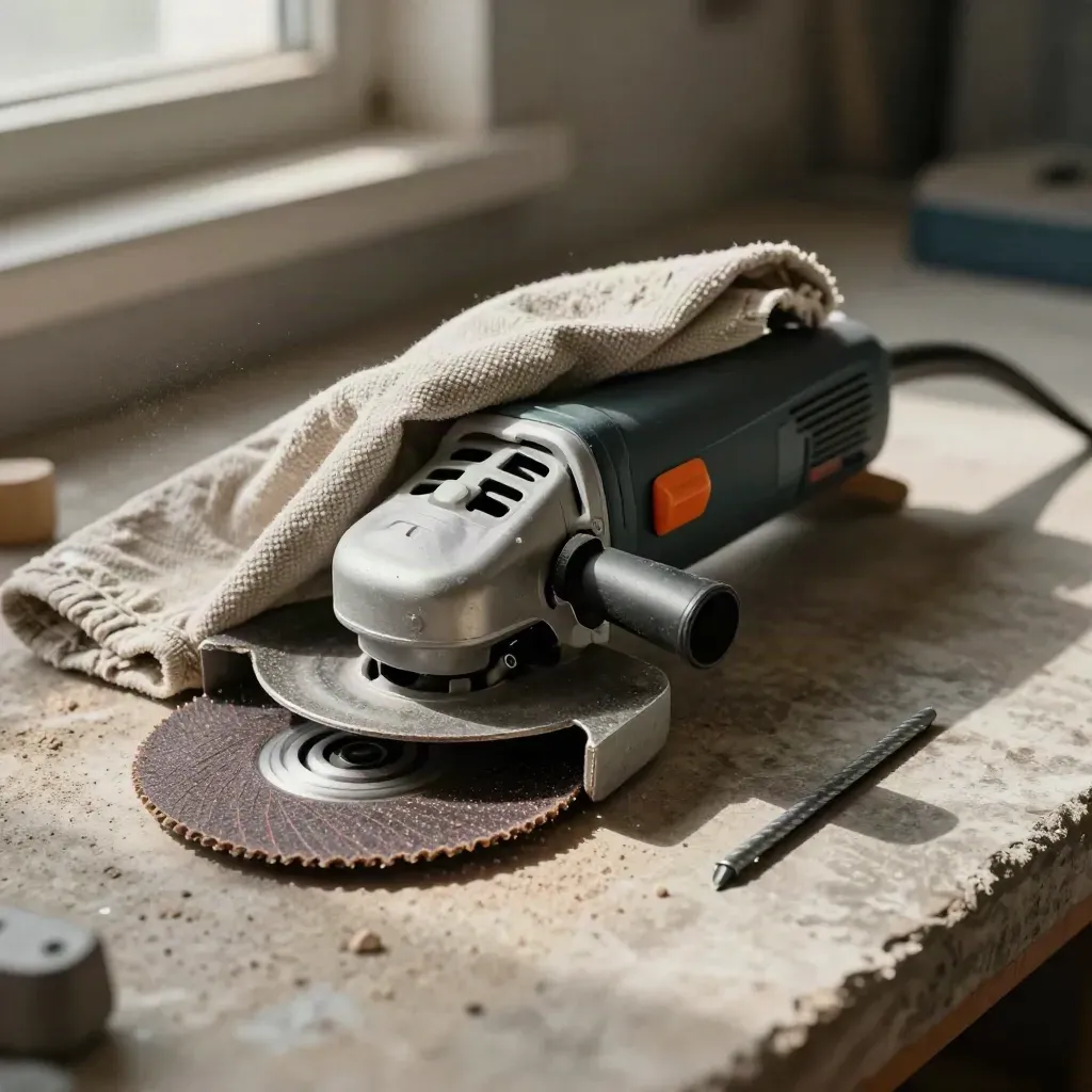 Angle grinder half-wrapped in drop cloth with spare disc and rebar on a dusty workbench.