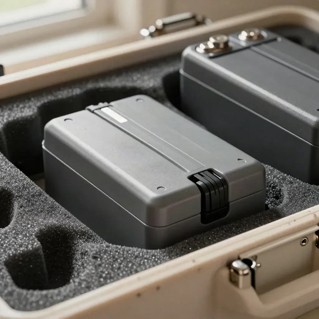 Battery pack in molded foam beside charger cradle, macro close-up with cool haze