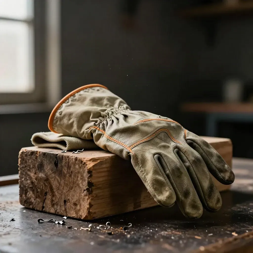 Cut-resist gloves on a rough timber block with shavings and rag in dramatic low light.