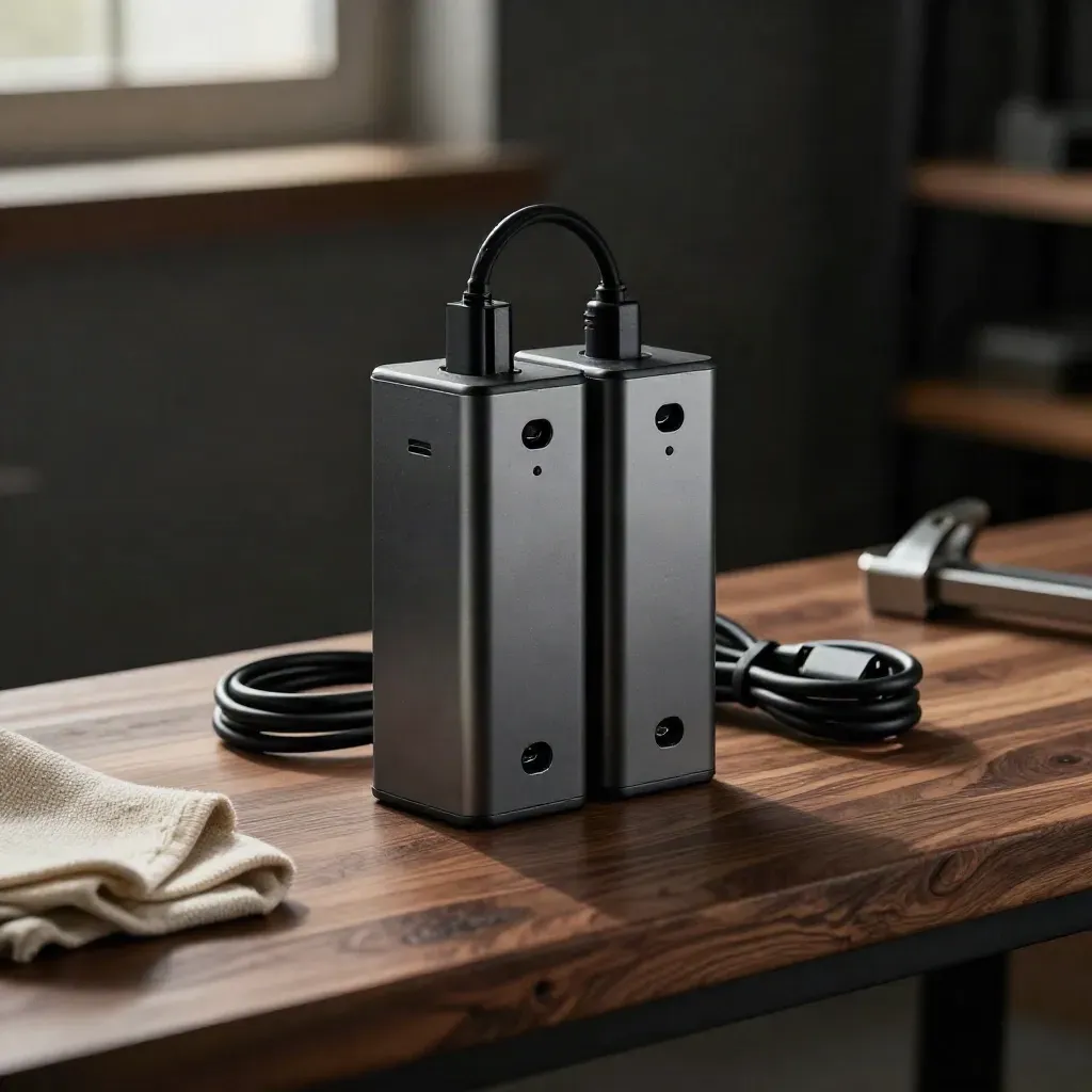 Dual fast charger with two upright battery packs on a dark workbench, lit from upper left.