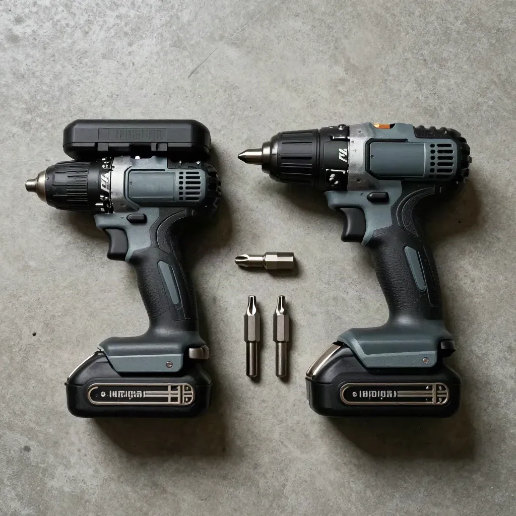Overhead flatlay of an unbranded impact driver kit with battery, charger, bits, and socket adapter.