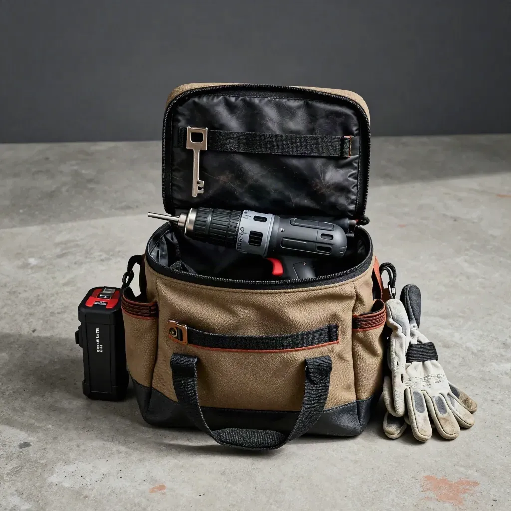 Overhead flatlay of a tool bag with drill handle, charger, battery, and gloves on concrete.
