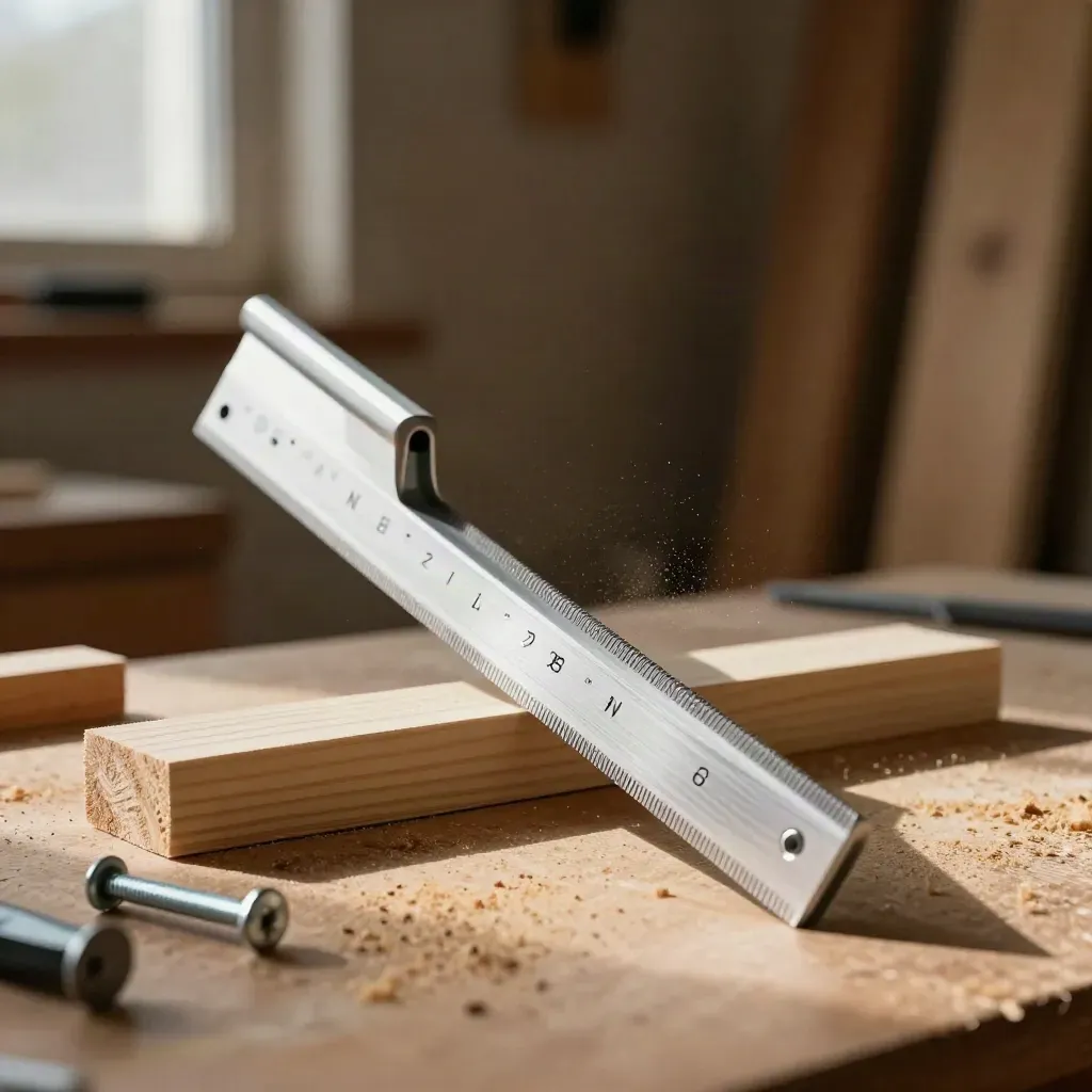 Aluminum framing square on a sawdusty workbench with pine scrap, fasteners, and dramatic shadow