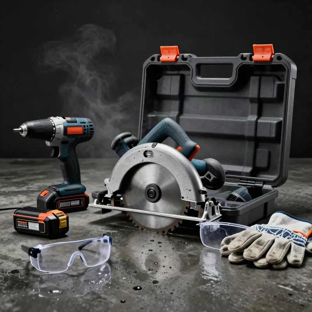 Open tool case with saw, grinder, drill, batteries, charger, gloves and safety glasses on wet concrete.