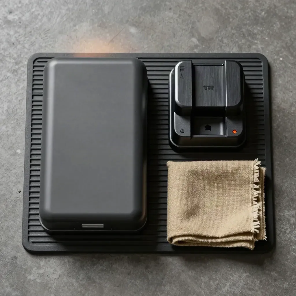 Overhead battery pack, charger cradle and rag on a ribbed rubber mat.