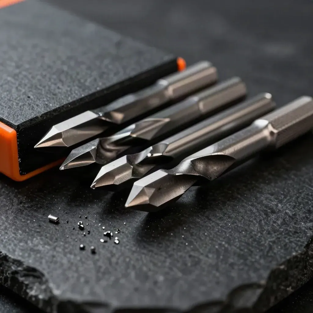 Macro fanned drill bits on black stone with metal shavings and orange accent