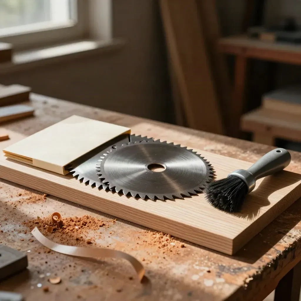 Five saw blades fanned on pale oak with a brush and sleeve in a dusty workshop