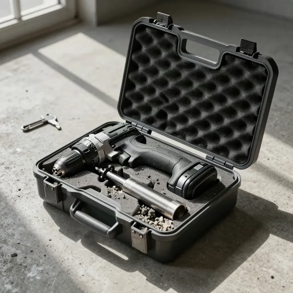Open hammer drill kit with two batteries in a hard case on concrete with dust and chips