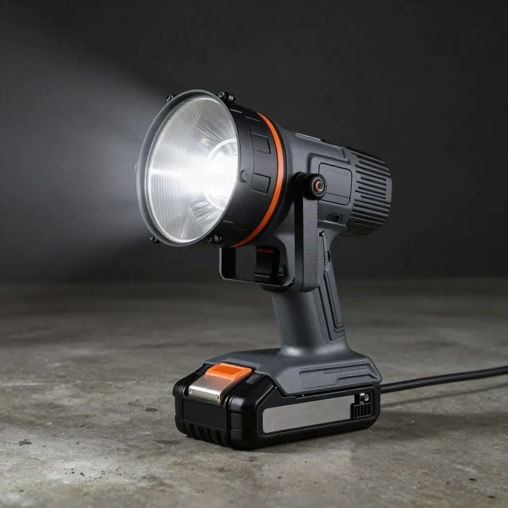 20V work light with LED head and battery base throwing a beam across a dark concrete floor.