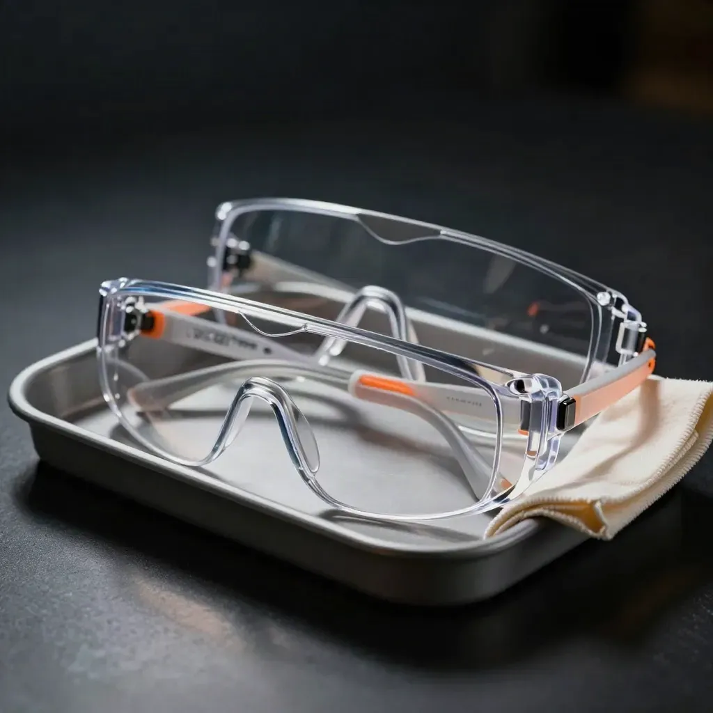 Three clear safety glasses in a tray with a microfiber pouch on a dark surface