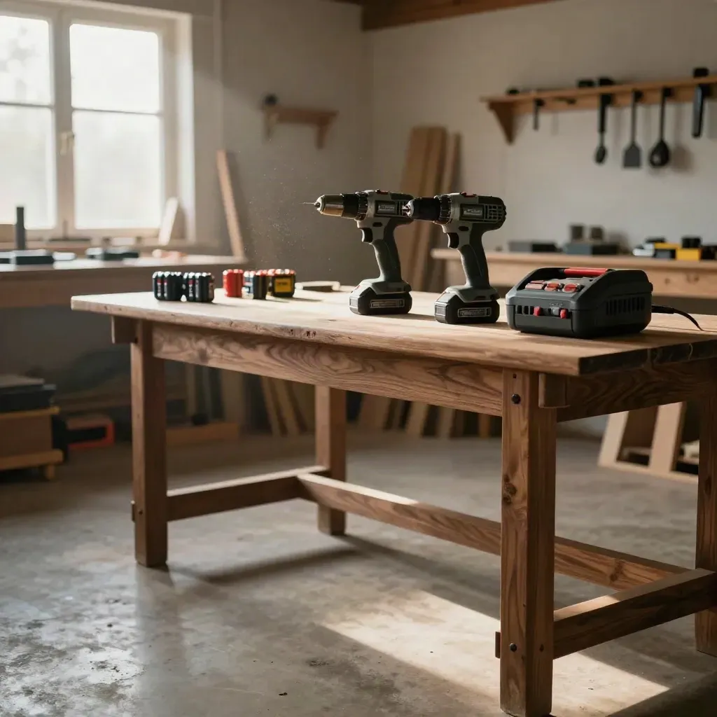 Sunlit timber workshop with drill, driver, batteries and charger on a walnut bench.