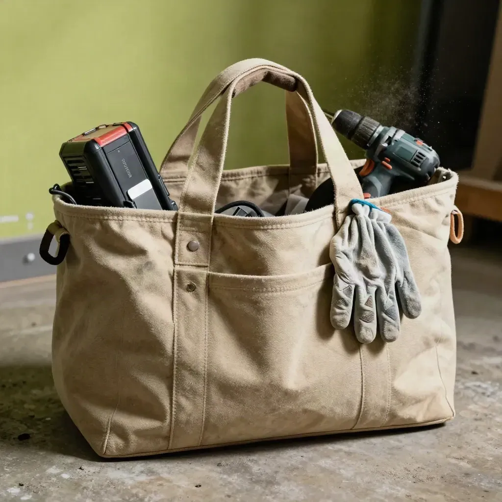 Bulging canvas tool tote with drill handle, battery, charger, and gloves