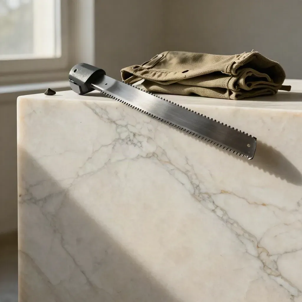 Marble slab with steel fragments, saw blade and folded canvas lit by upper-left sunlight.