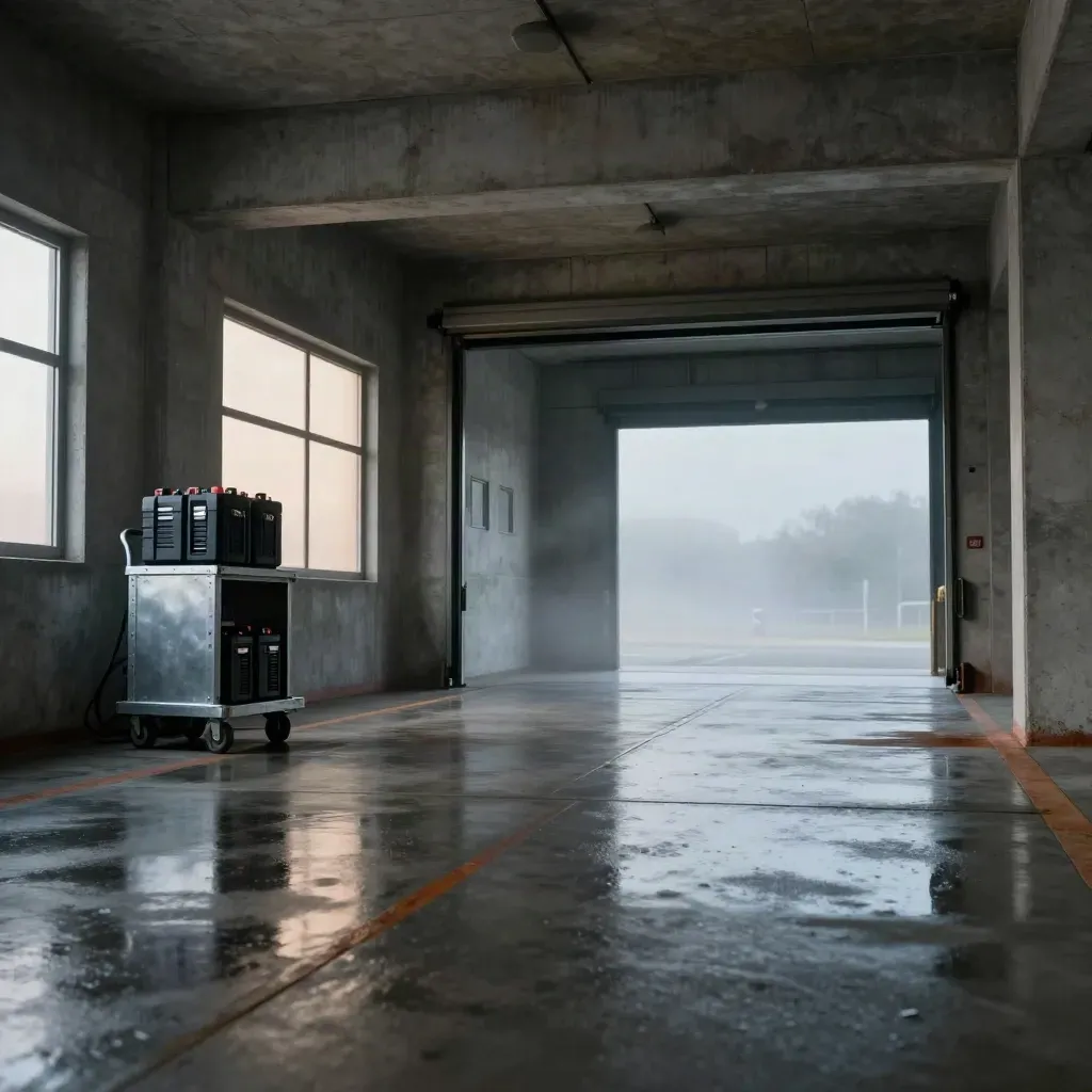 Rain-slick dock with battery chargers and tool batteries under silver drizzle