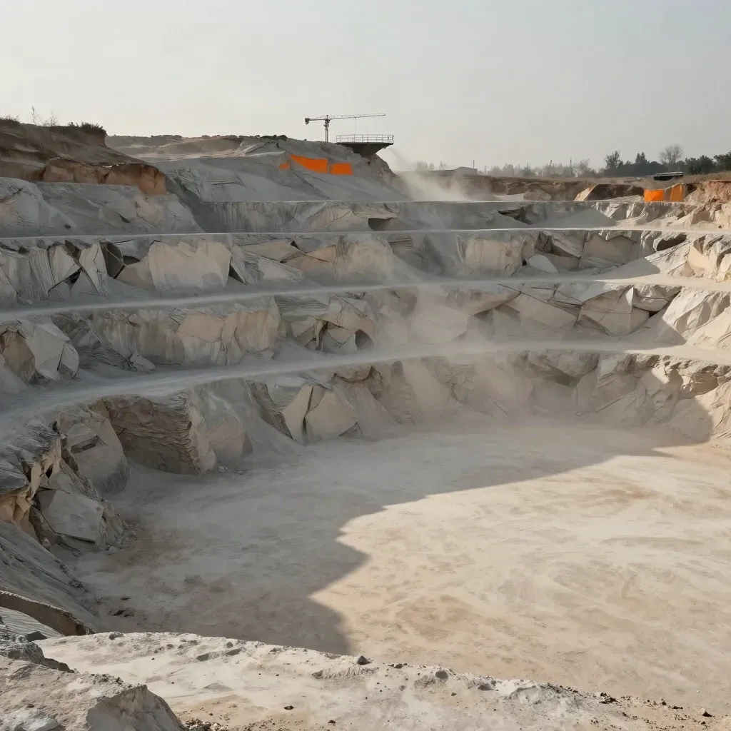 Dusty quarry rim with stacked stone, crane lines, and pale haze above a calm copy space.